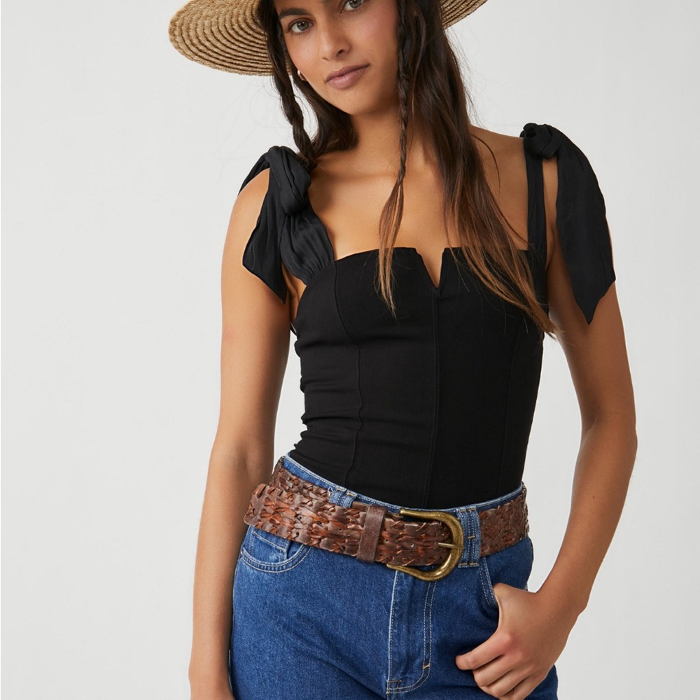Free People Black Tie-Shoulder Bodysuit